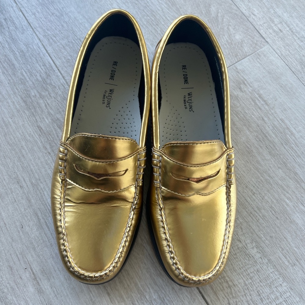 RE/DONE x WEEJUNS gold loafers